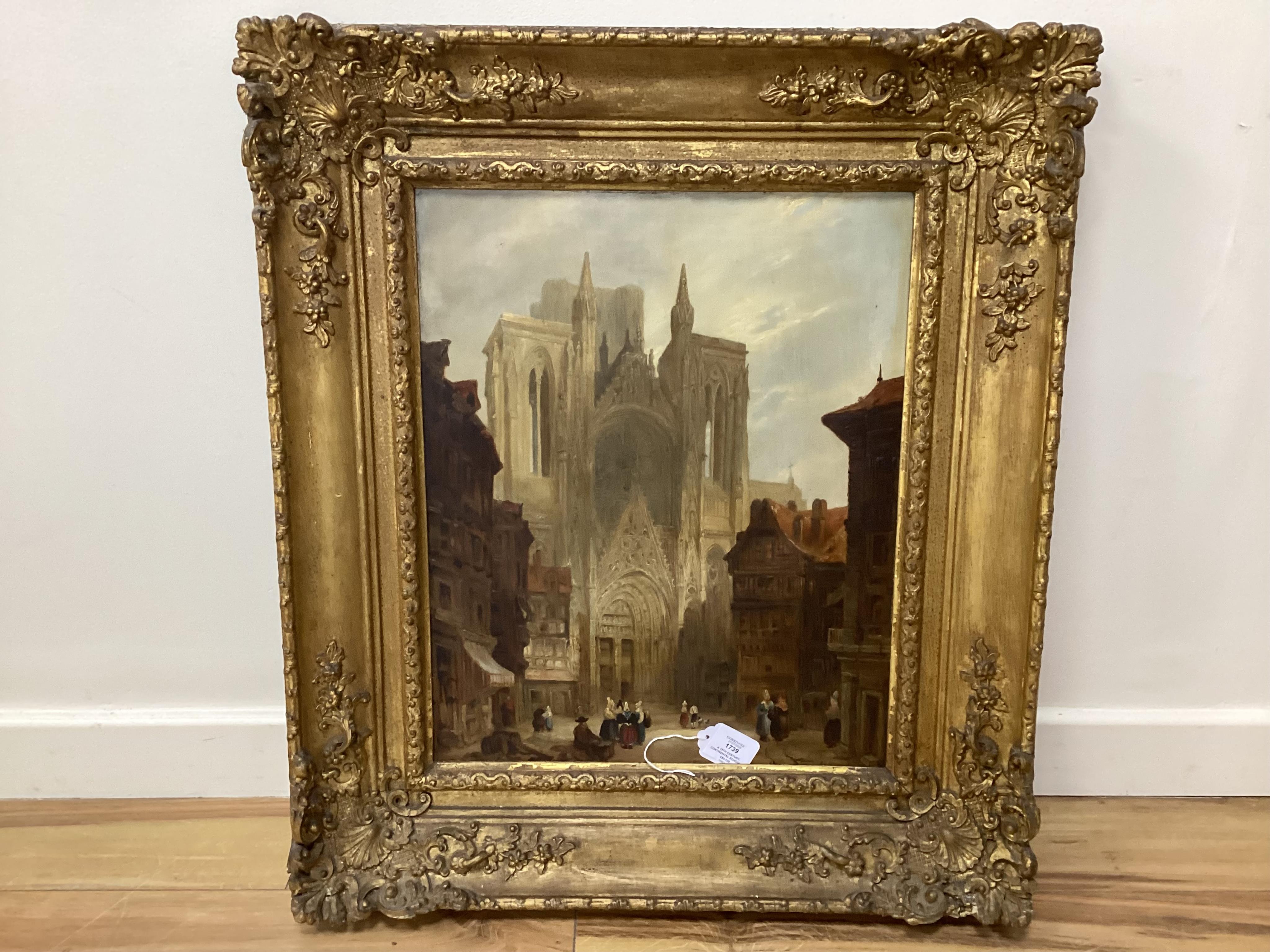A 19th century, Continental school, ‘Rouen cathedral’, unsigned, oil on board, 51 x 40cm, ornate gilt frame